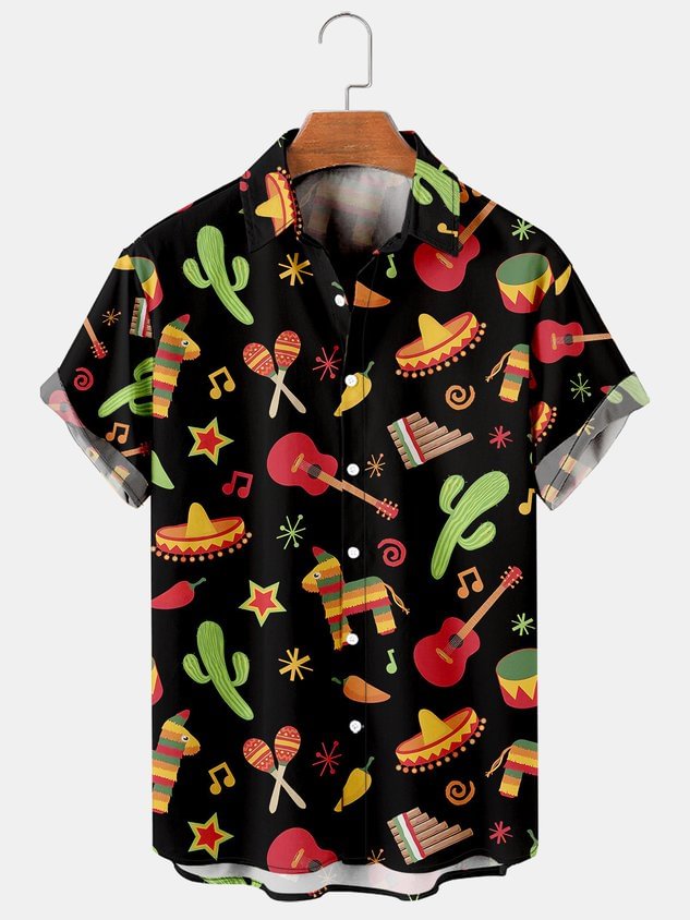 Mens Music Party Print Casual Breathable Short Sleeve Hawaiian Shirts