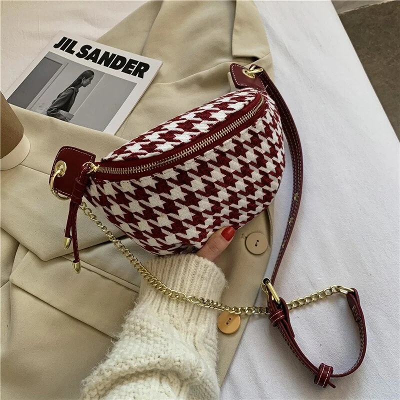 էѧӧܧ Houndstooth Small Simple Waist Packs Women 2021 winter Chest Bags Female Fashion Phone Purses Chain Travel Belt Bag