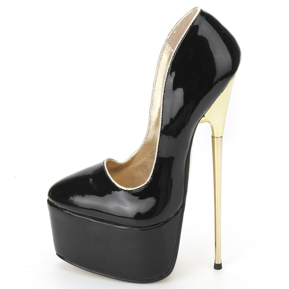 Women Platform Pumps 22cm High Heel PU Leather Gold Metal Heel Shallow Slip-on Shoes Male Shoes Sandals