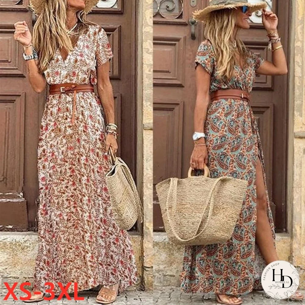 Boho Women V Neck Short Sleeve Paisley Print Belt Large Hem Beach Long Dress