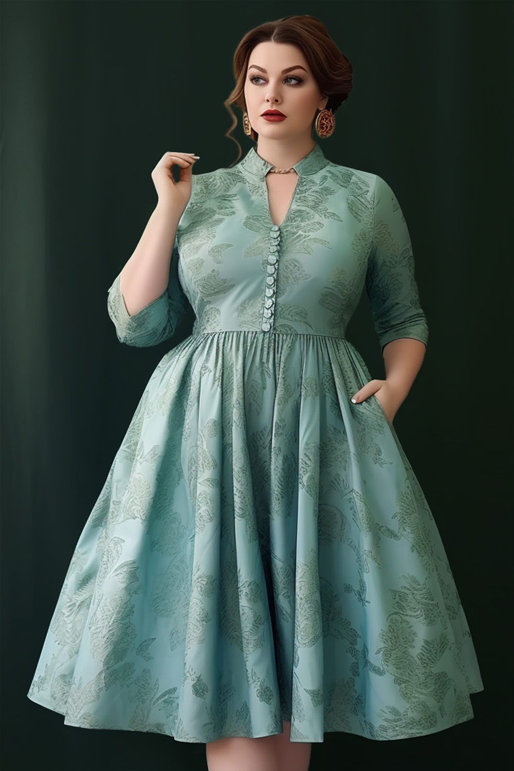 Flycurvy Plus Size Wedding Guest Green Jacquard Mandarin Collar High Waist Pleated Midi Dress 2024 - Flycurvy 