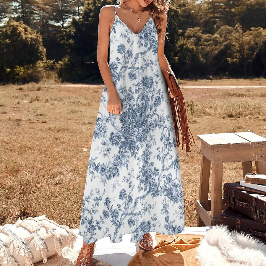 blue french toile dress Long Dress With Puffed Sleeves in Blue Toile De Jouy Printed Cotton
