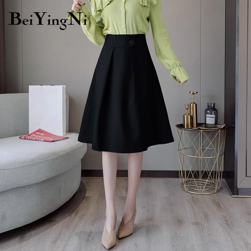 Beiyingni 2019 Fashion Skirt for Woman Button Autumn Winter Vintage Solid Work Wear Skirt Women Korean High Waist Elegant Saias