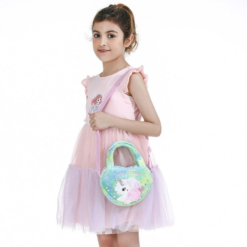 Girl’s Medium Plush Cartoon Cute Sequins Embroidery Round Heart Shape Square Zipper Handbag Crossbody Bag