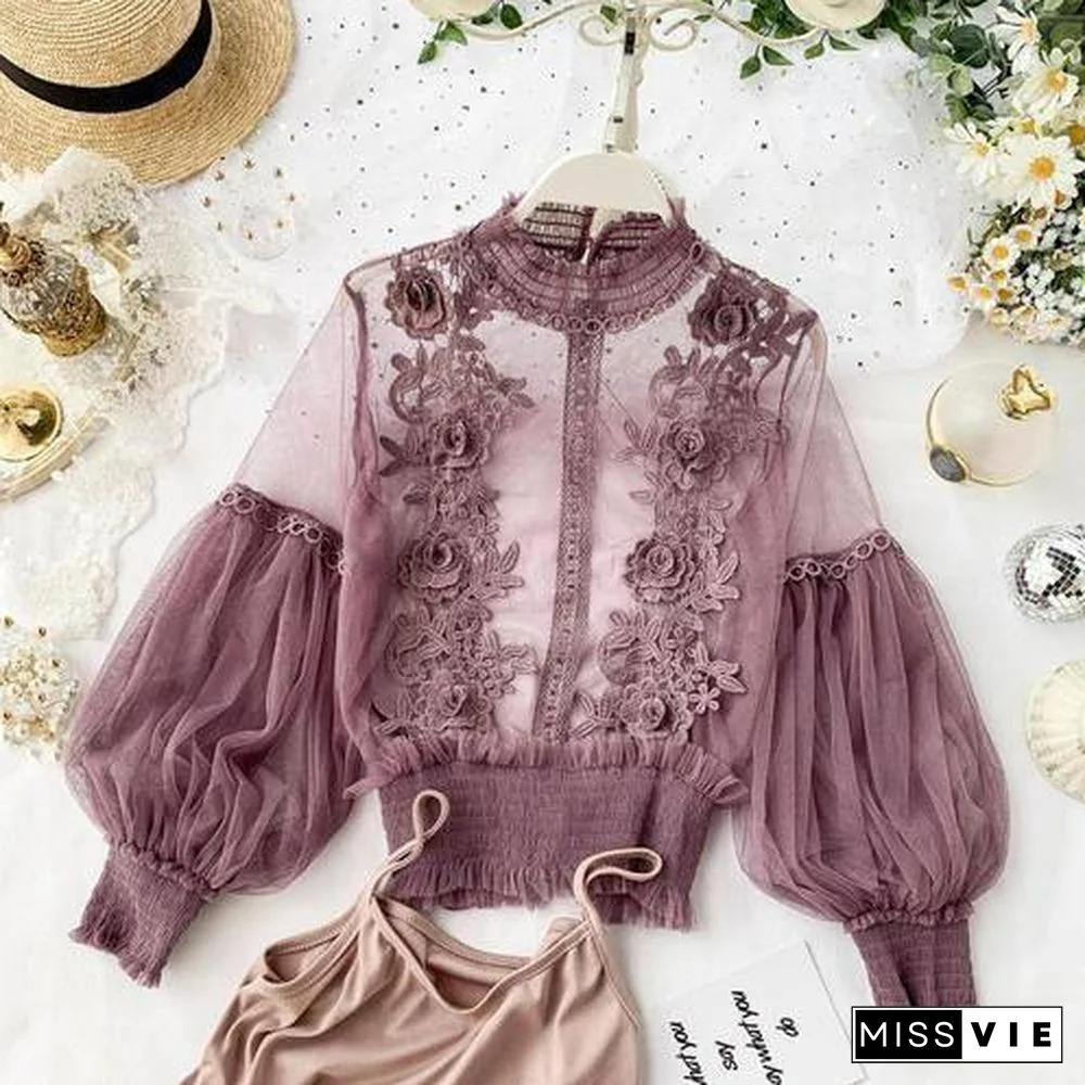 Spring Women Tops Fashion Sexy Sheer Lace Blouse Lantern Sleeve 3D Floral Blouses Shirts Elegant Top Blusas Femininas