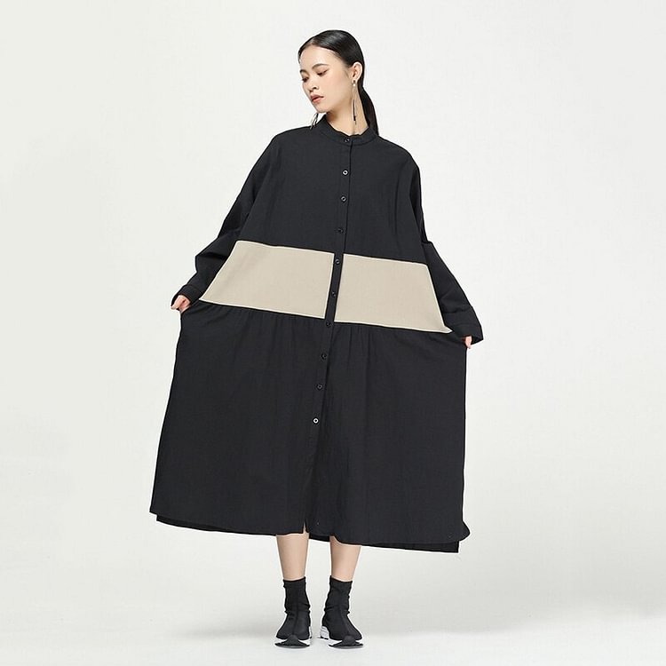 Original Loose Half Stand Collar Contrast Color Patchwork Long Sleeve Single-breasted Dress