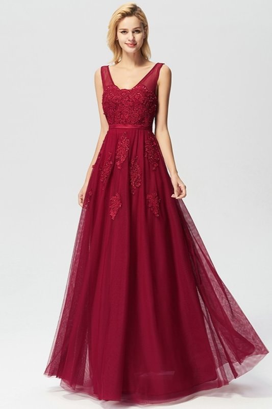 Lace Appliques Sleeveless Long Evening Prom Dress Online - lulusllly