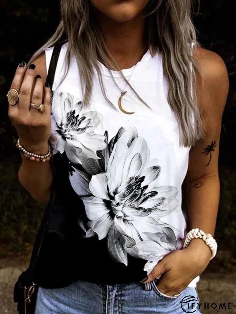 Casual Crew Neck Floral Sleeveless Loosen Knit | IFYHOME