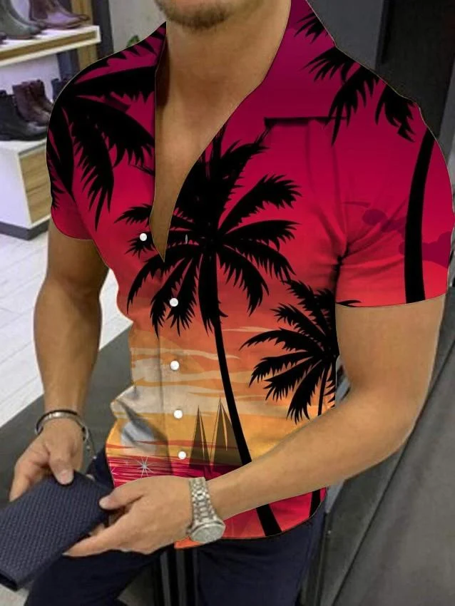 Men's Hawaiian Coconut Tree Print Short Sleeve Shirt at Hiphopee