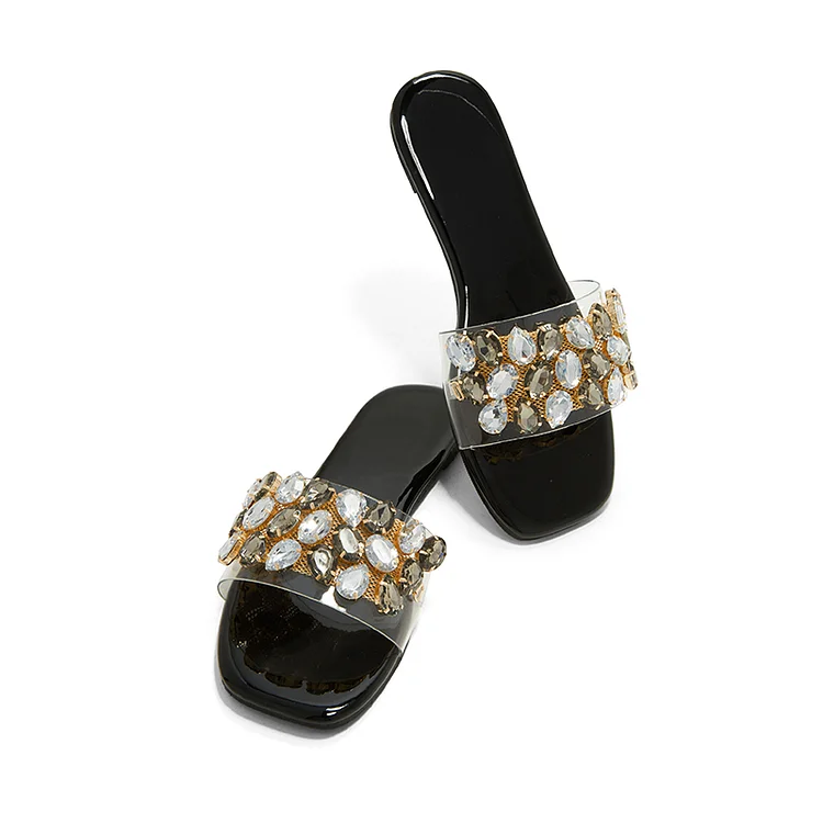 Black Patent Elegant Flat Shoes with Stones on Clear Strap Vdcoo