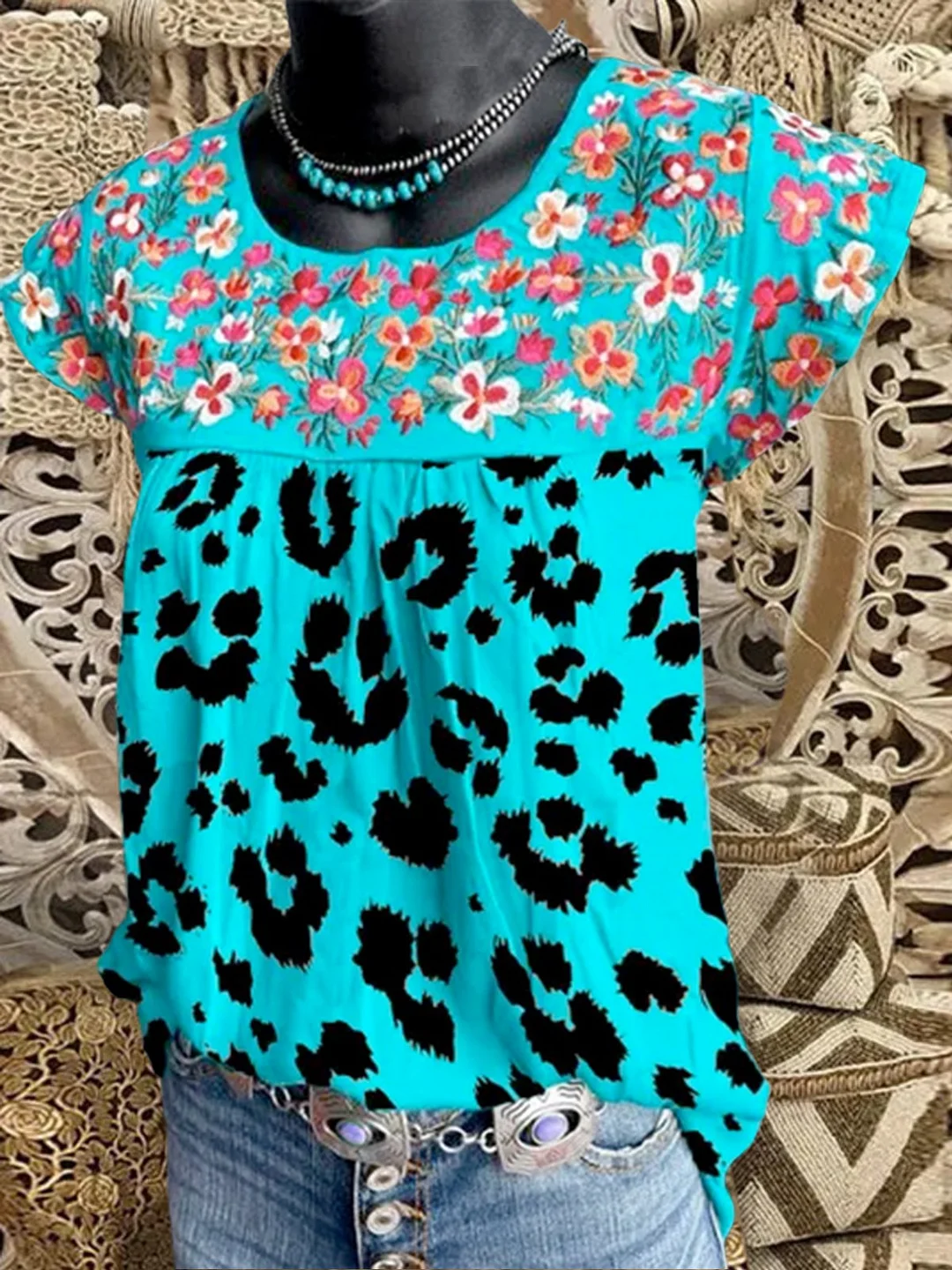 Casual Leopard Flower Short Sleeve Tops