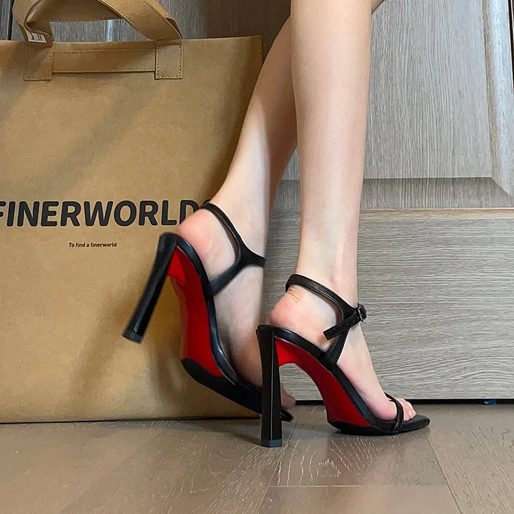 80mm Heels Red Bottoms Square Toe Black Sandals Strap Stiletto Prom Shoes 