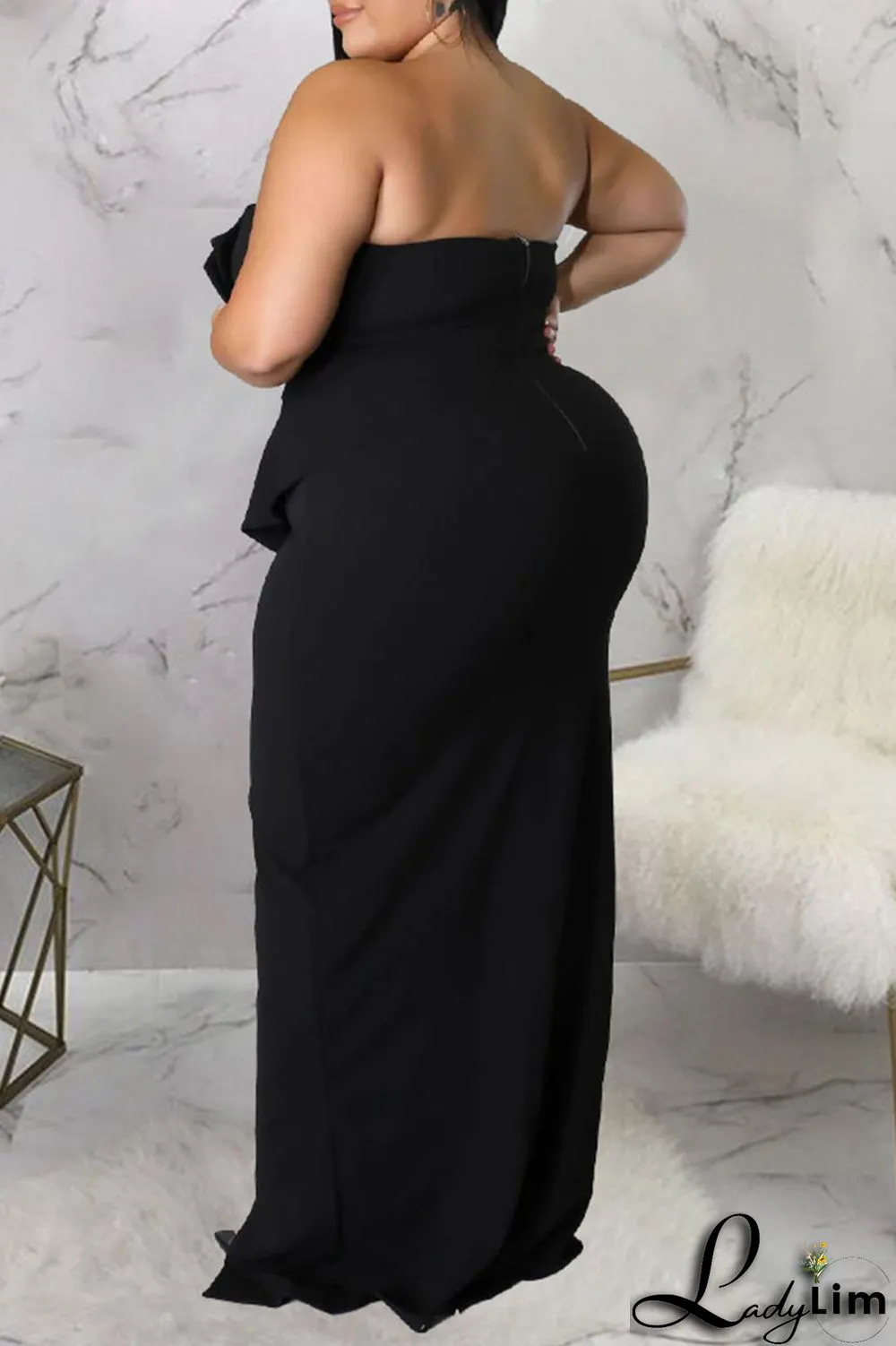 Burgundy Sexy Solid Patchwork Flounce Slit Asymmetrical Strapless Evening Dress Plus Size Dresses