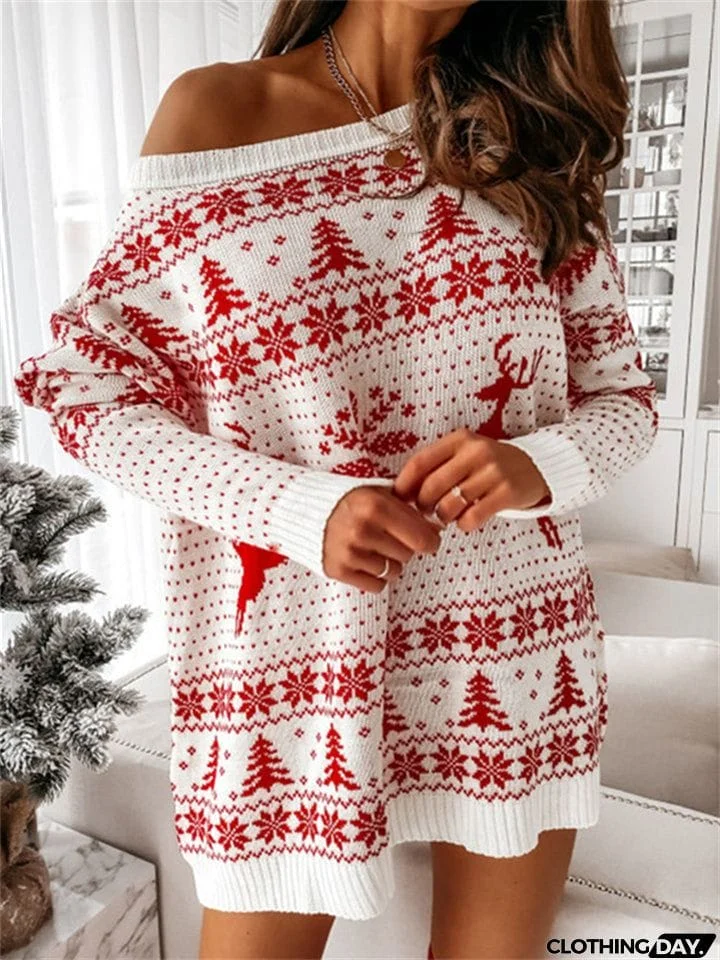 Christmas Print Classic Red White Contrast Color Extra Loose Knit Dress for Women