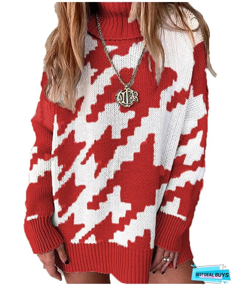 Thanksgiving Gift Autumn And Winter New Knitting Color Contrast Turtleneck Loose Women's Long Sleeve Sweater Casual All-Match Ladies Sweaters