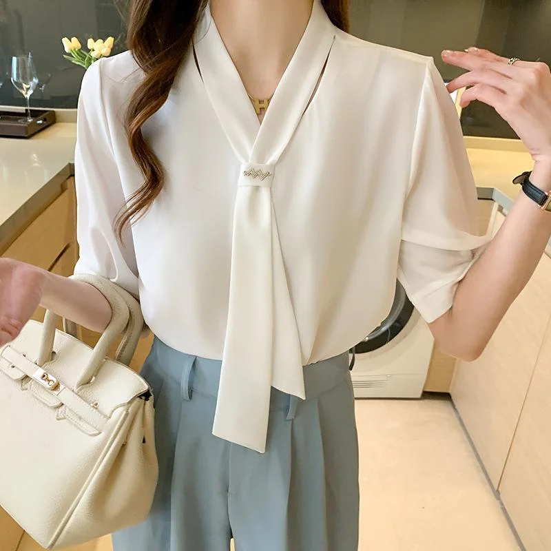 Chiffon streamer short-sleeved thin yellow shirt