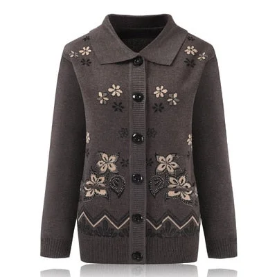 Women Knit Sweater Cardigan Jacket New Middle-aged Clothes Autumn Coat Lapel Single-breasted Long sleeve Sweater Female Tops 889