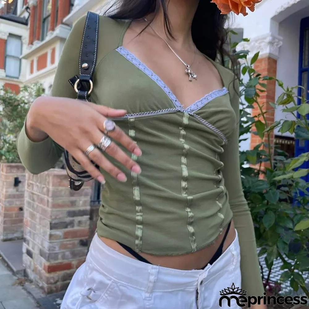 Women Sexy Lace Deep V Slim Long Sleeve T-Shirt