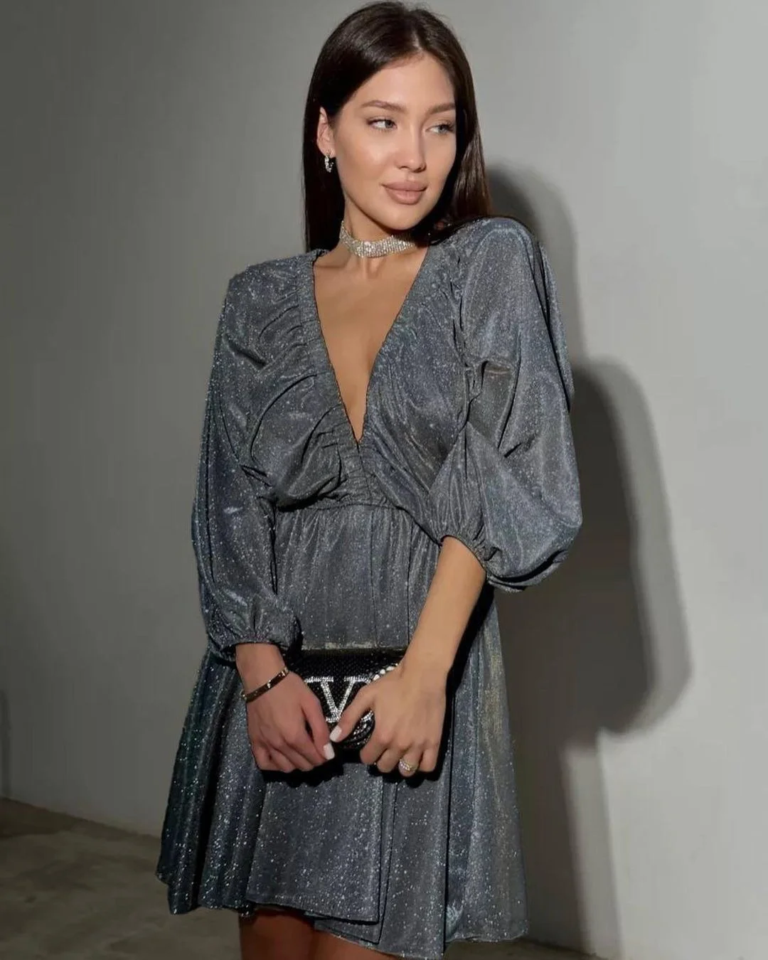 Nigikala Nigikala Spring Design V-Neck Dress French Solid Color Sexy Short Dress Woman