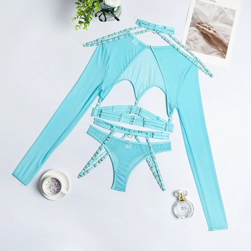 MIRABELLE Gothic Sexy Lingerie Set Woman 4 Piece Long Sleeve Mesh Transparent Erotic Costumes Hollow Out Bra Sex Suit Exotic Set