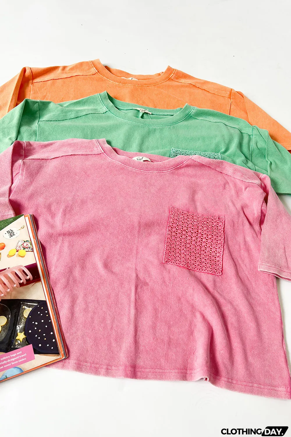 Pink Acid Wash Lace Patch Pocket T-Shirt