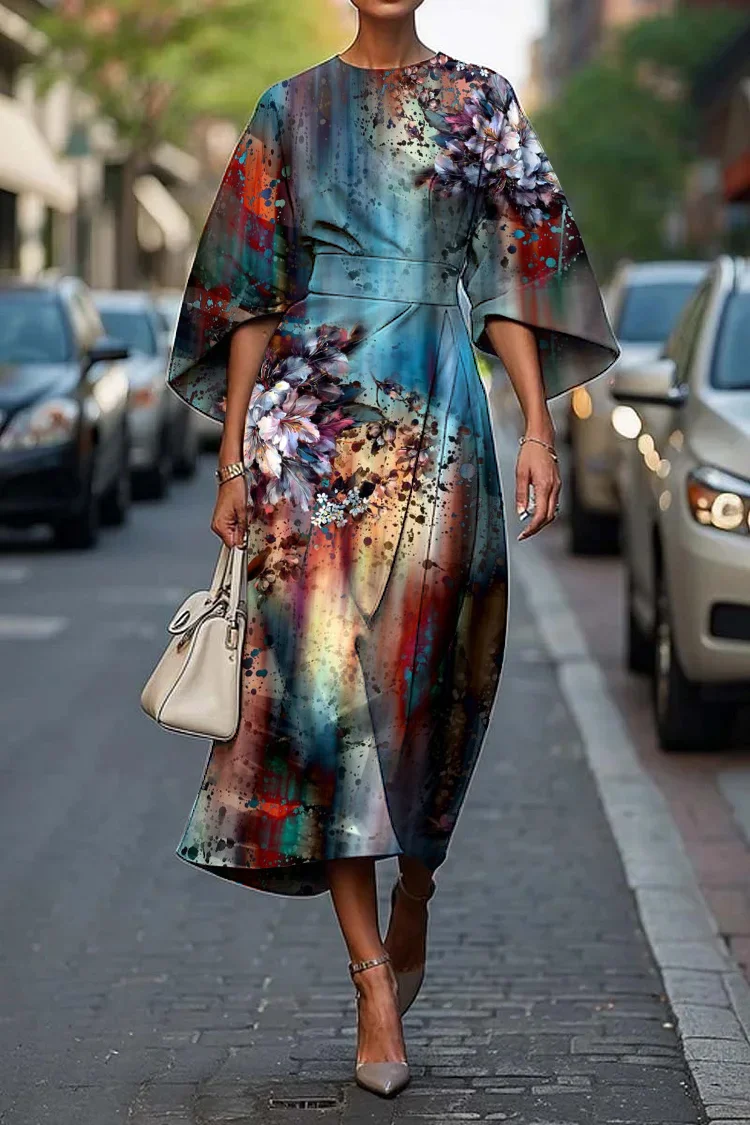 Women's Elegant Vintage Floral Art Print Midi Dress