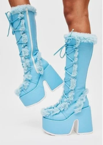 Yyvonne White Fur High Platform Boots High Chunky Heel Round Toe Mid Calf Boots Elegant Women Casual Outfit Winter Cross Tied Shoes