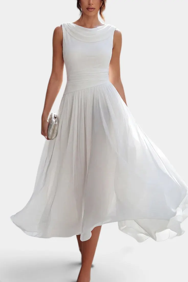 Cowl Neck Sleeveless Midi Dress with Flowing Pleats