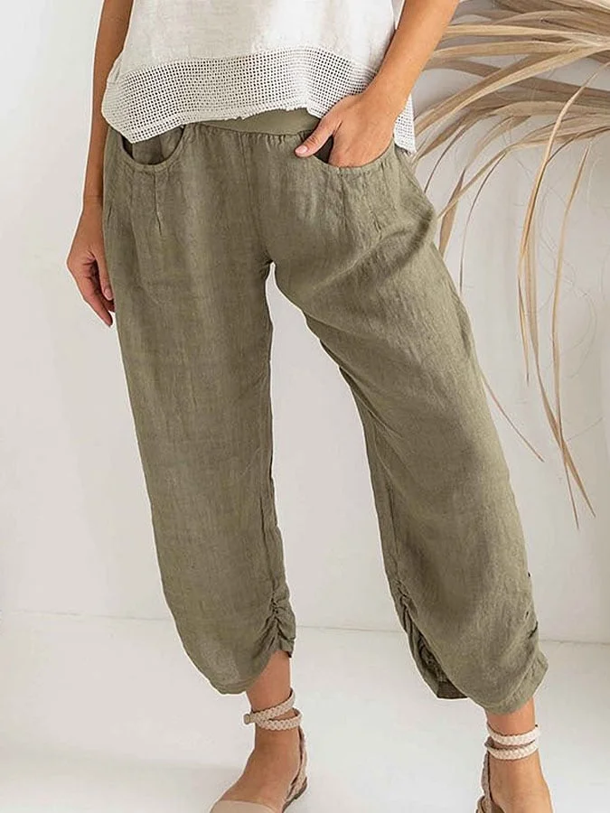 Women's cotton and linen pleated casual pants