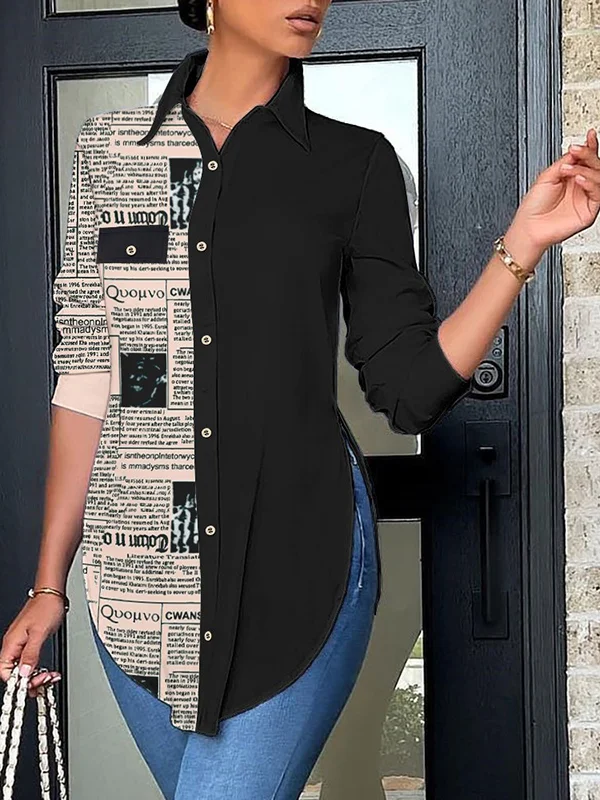 Casual Long Sleeves Loose Letter Print Contrast Color Split-Side Polo Blouses&Shirts Tops