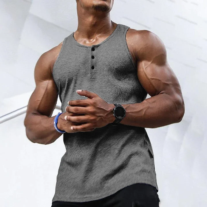 Men's Solid Color Henley Collar Tank Top