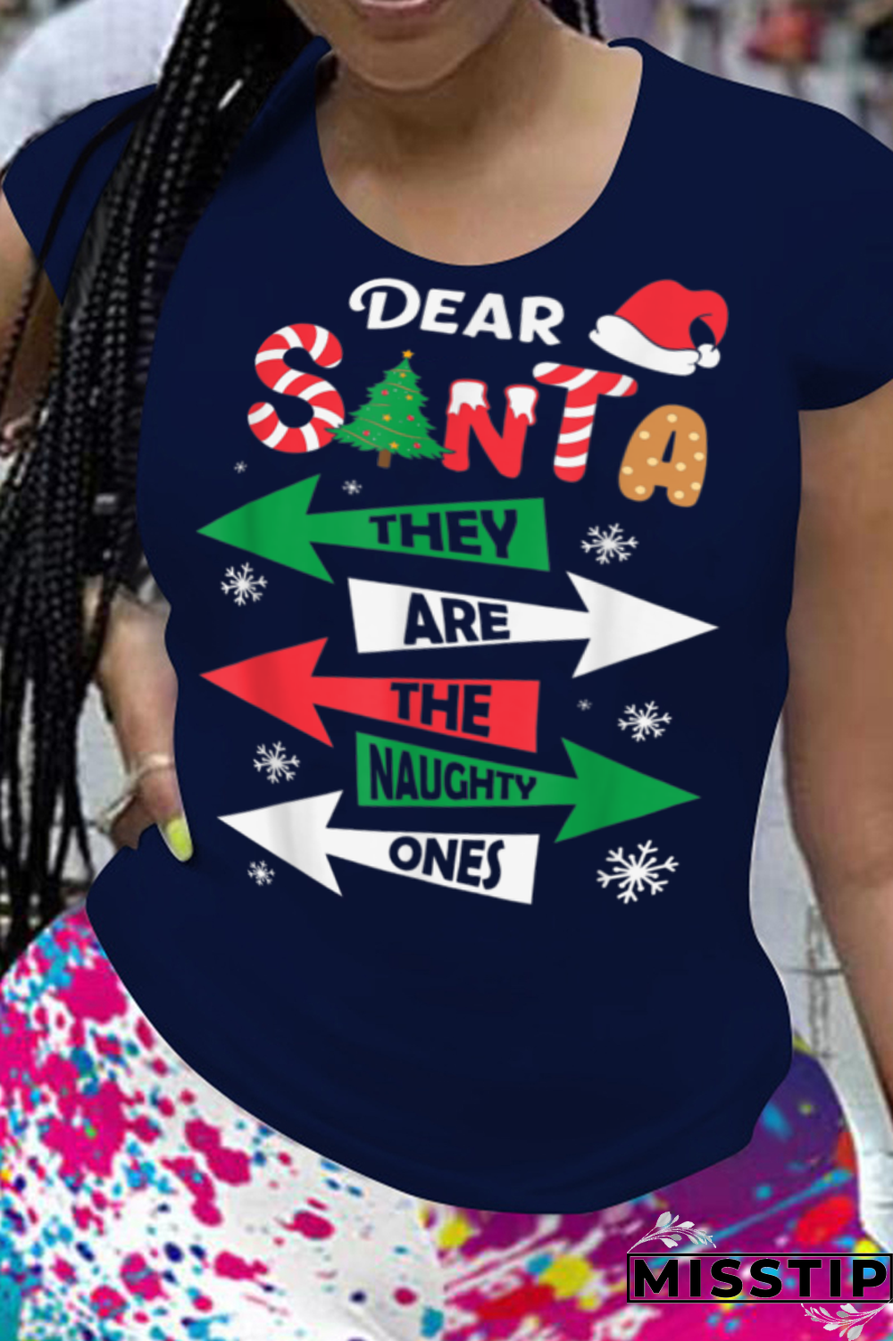 Navy Blue Party Vintage Santa Hats Printed Patchwork Letter O Neck T-Shirts