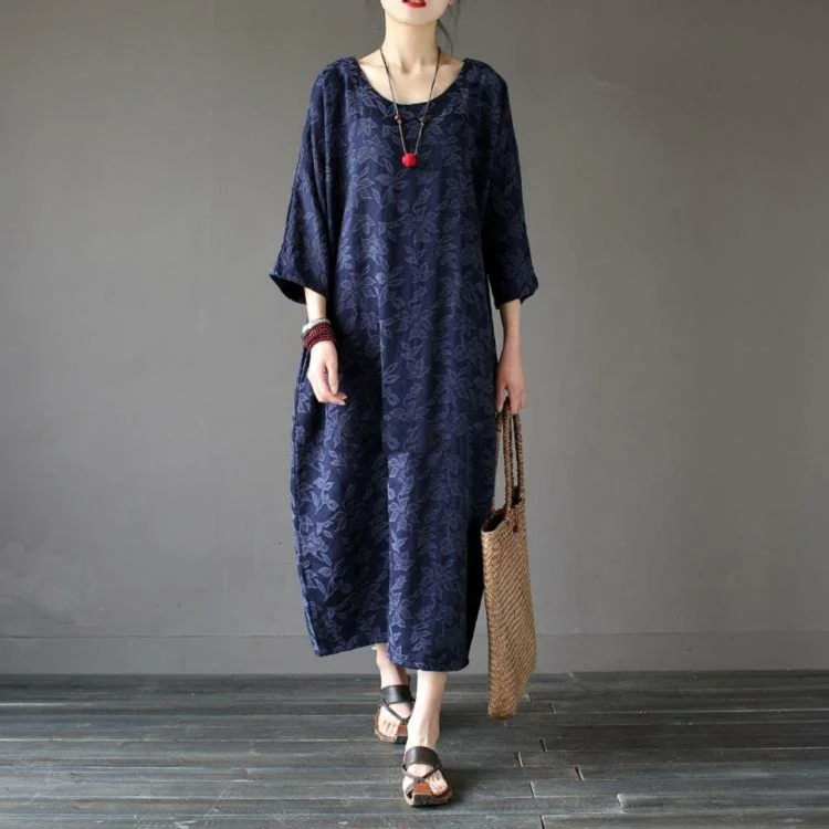 Women back open cotton jacquard clothes Sleeve navy o neck Art Dress