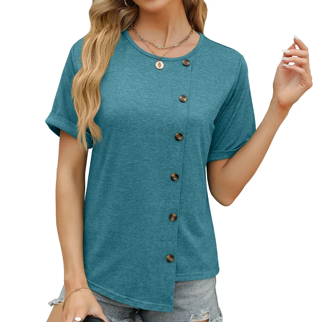Churchf Churchf 2024 New Round Collar Button Irregular Splicing Loose T-Shirt Women
