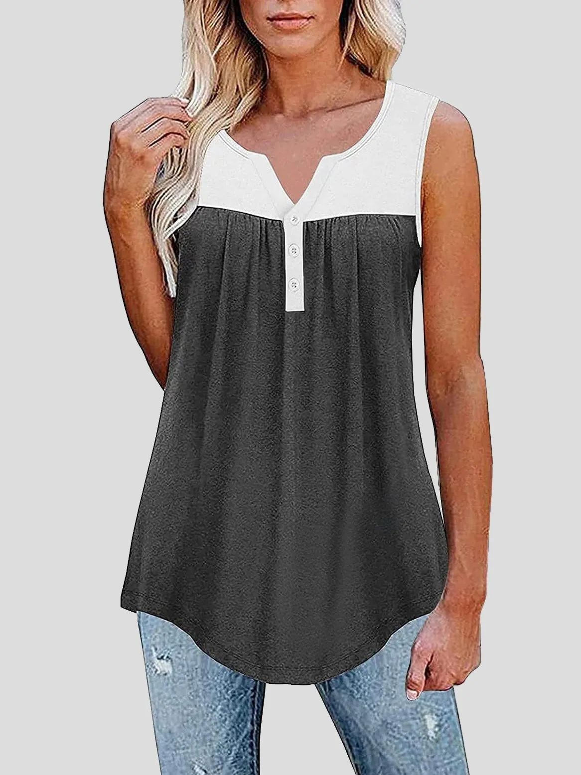 Sleeveless V-Neck Button Paneling Tank Tops