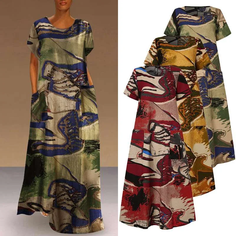 Women Dress Vintage Printed Dress Short Sleeve Robe VONDA Female Casual Bohemian Summer Beach Sundress