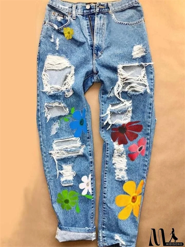 Trendy Button Zipper Closure Floral Printed Ripped Denim Pants