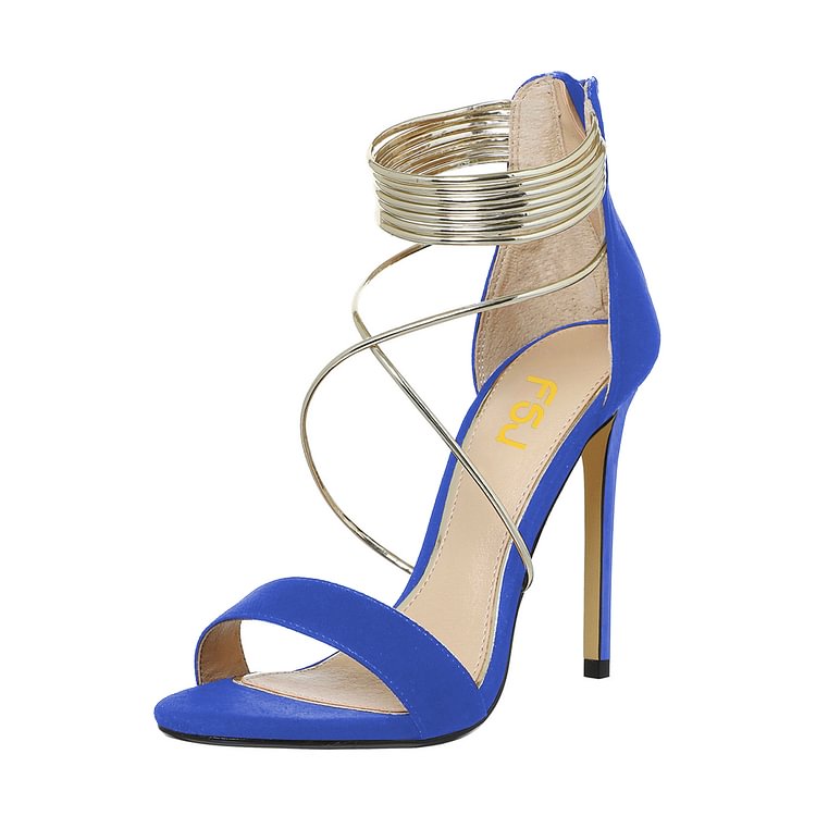 Women's Royal Blue Stiletto Heel Cross Over Ankle Strap Sandals |FSJ Shoes