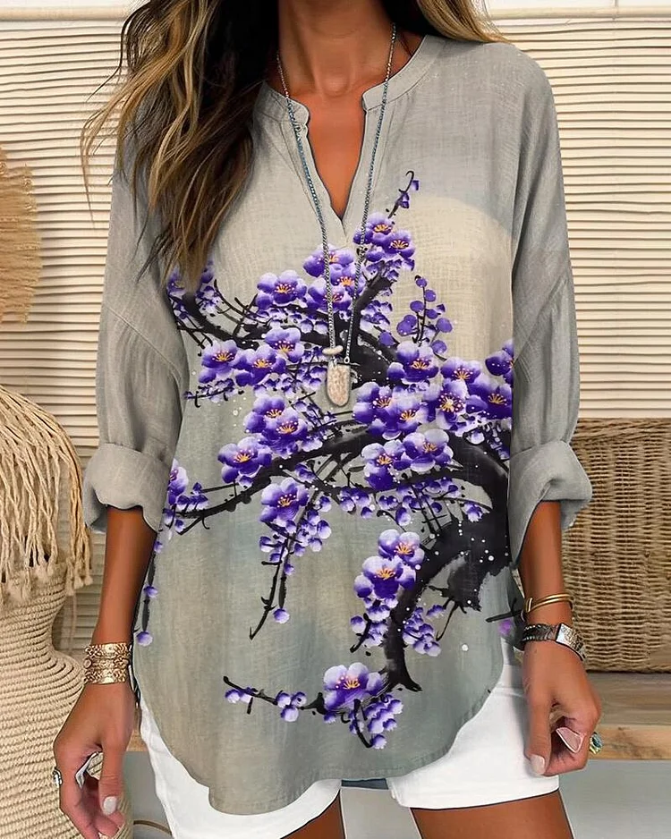 Purple Plum Blossom Watercolor Painting Long Sleeves Casual Blouse