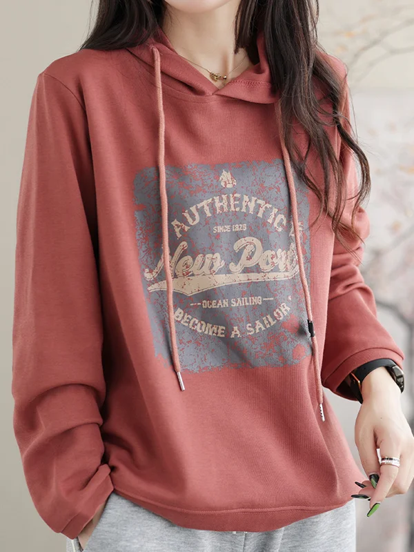 Long Sleeves Loose Drawstring Printed Hoodies Tops