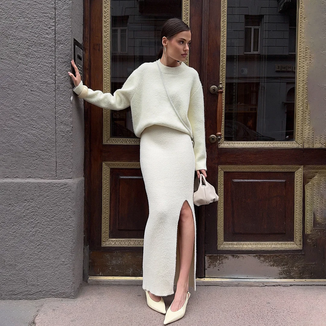 Athvotar Athvotar High Open Fork Tight Skirt Wool Set Unique Open Design Autumn And Winter Elegant Fashion Pure Color Woman