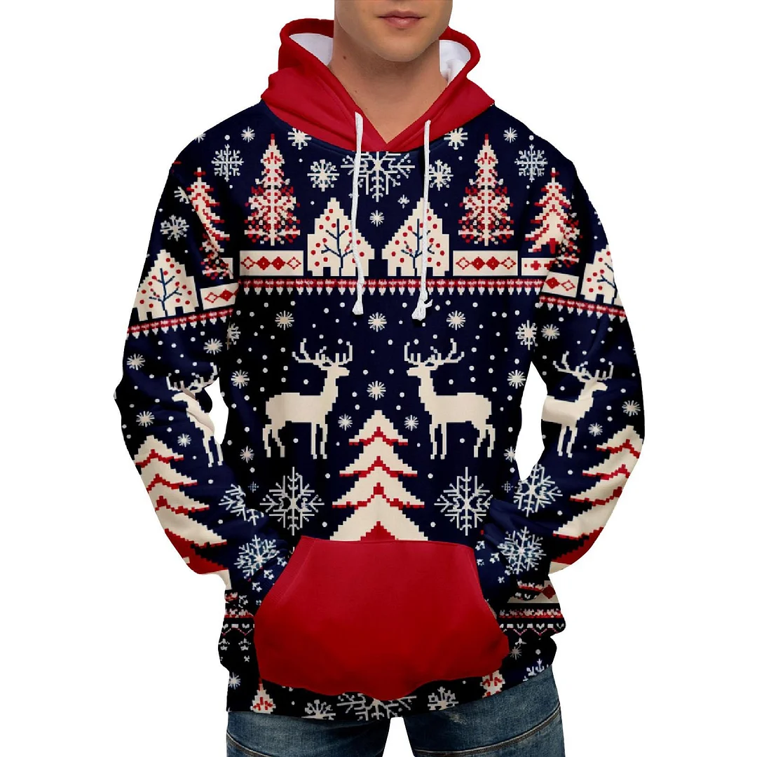 Men's Casual Sports Christmas Reindeer Series 3D Digital Printed Hooded Pullover