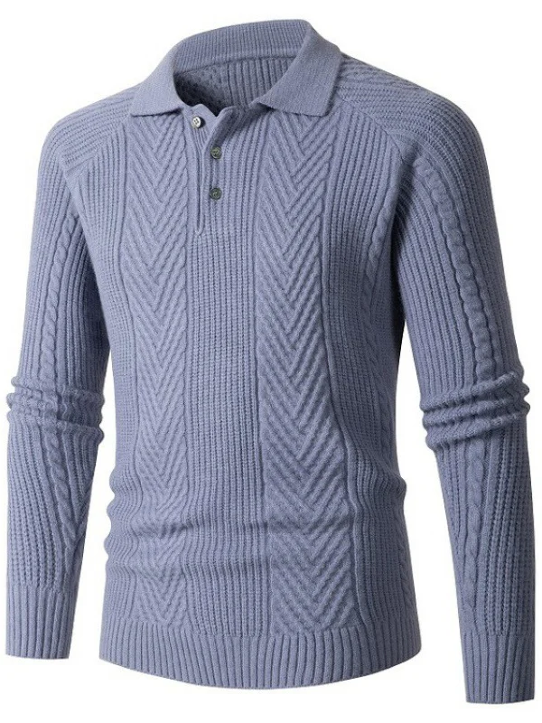 Men's Turndown Collar Herringbone Pattern Knitted Sweater