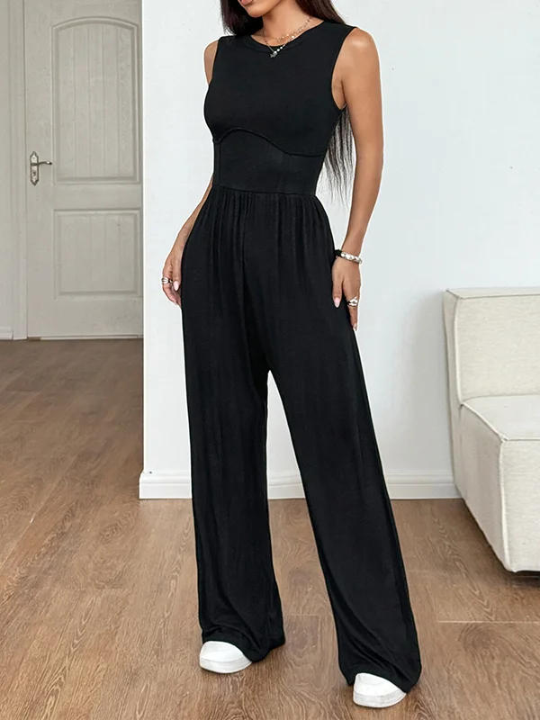 Solid Color Wide Leg Sleeveless Round-Neck Jumpsuits