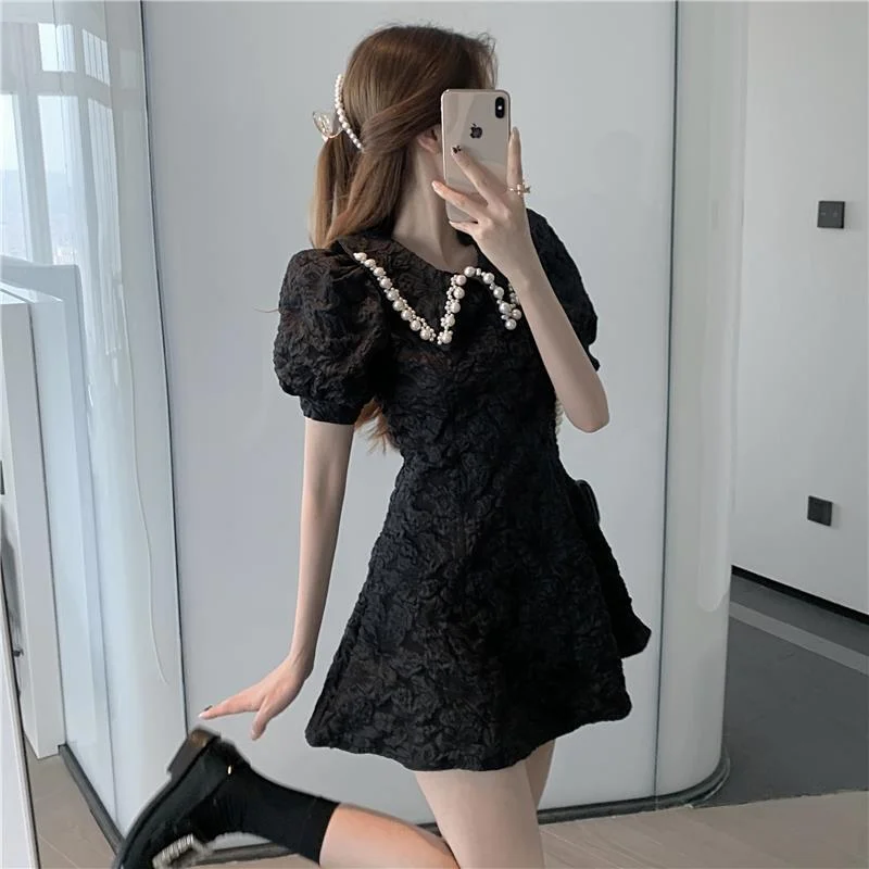 Jangj Summer French Style Pearl Peter Pan Collar Short-sleeved Dress 2022 New Sweet and Spicy Slim Slim Solid Elegant Dress