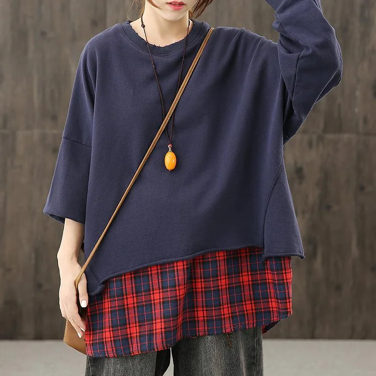 Women o neck patchwork fall tunic pattern Neckline navy shirts