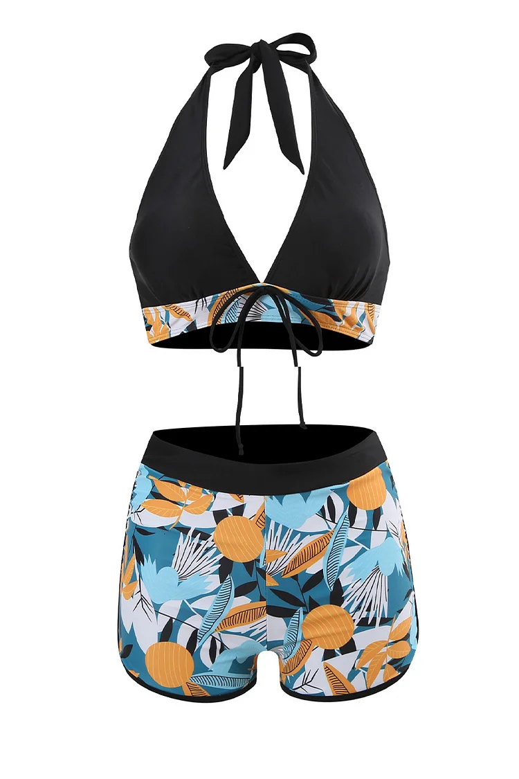 1950s Black Vacation Halter Tropical Print Two Pieces Swimsuit Set