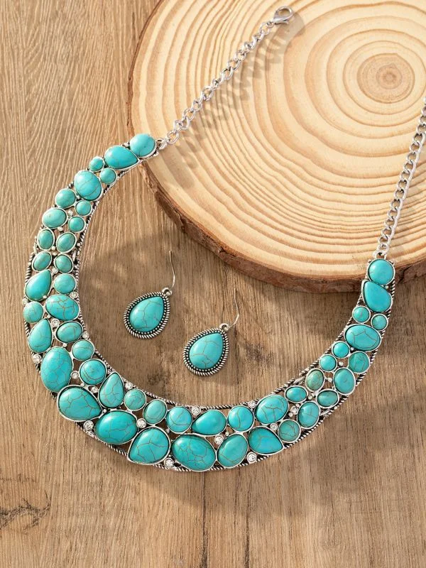 Vintage Ethnic Style Turquoise Jewelry Set Western Necklace and Earring