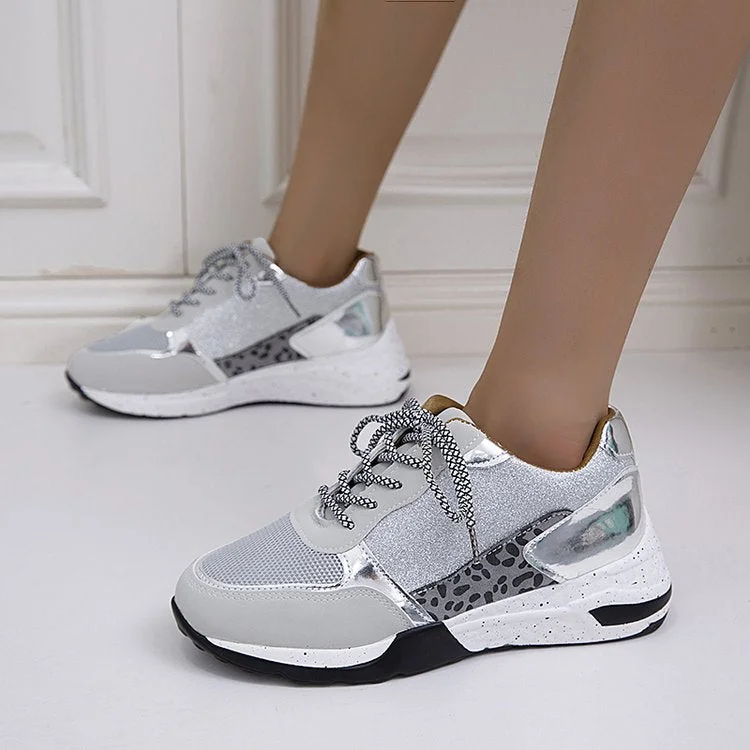 Women's Sneakers Platform Casual Shoes Women Vulcanize Shoes Leopard Ladies Running Shoes Sport Silver Lace-Up Female Sneakers
