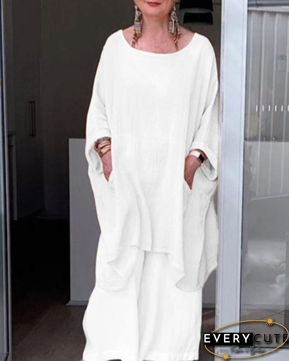 Loose Crew Neck Irregular Top Pants Two-piece Suit